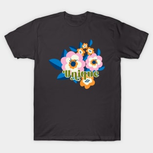 Unique slogan print with _ Funky Hippie Flowers in Pink and Orange T-Shirt